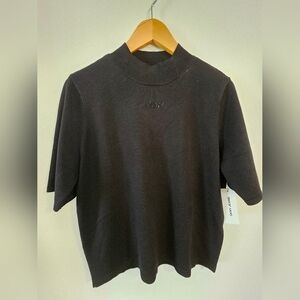 DKNY Black Short Sleeve Front Logo Knit Sweater Top Rayon Size L